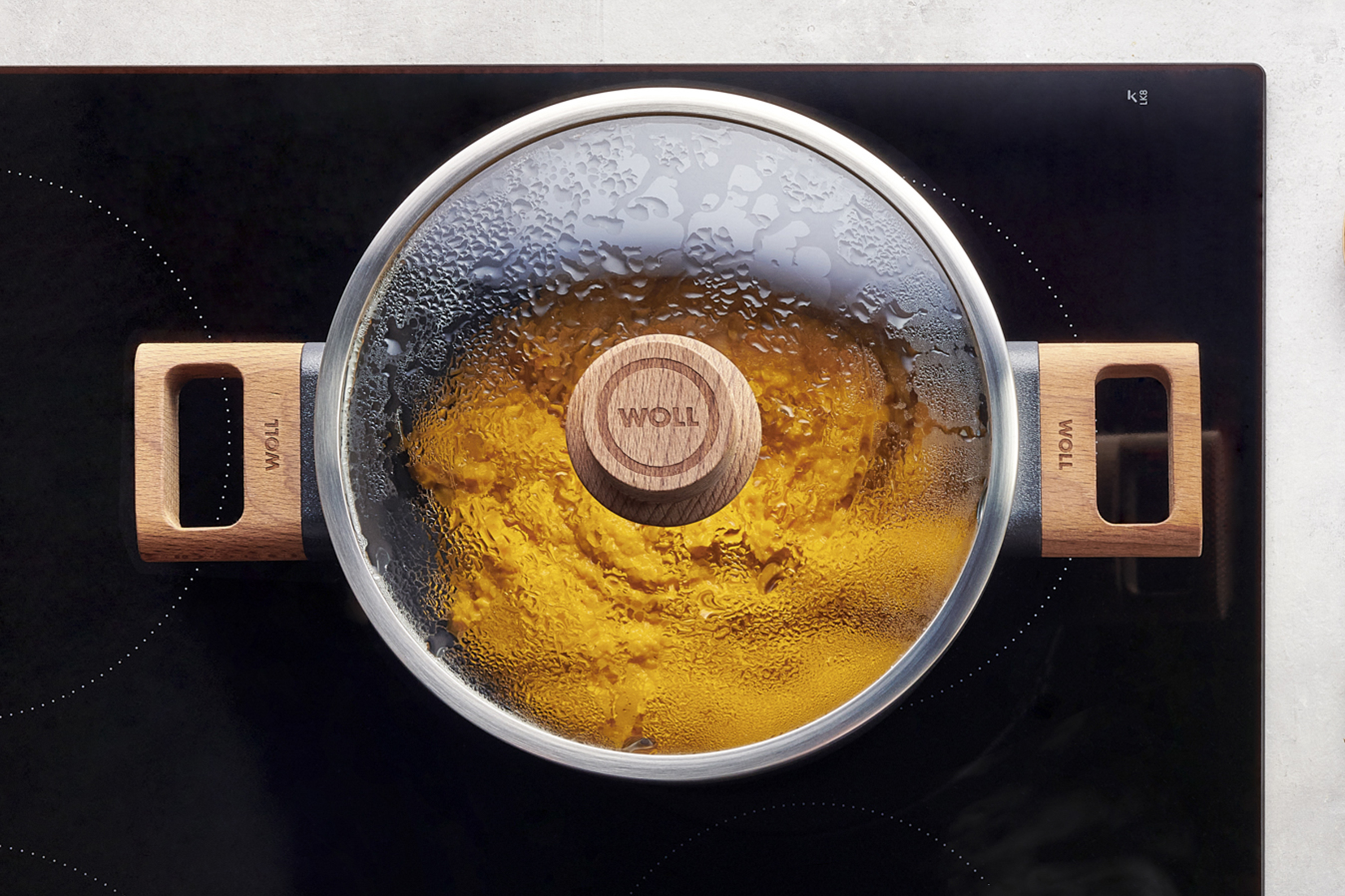 Auf dem Herd steht ein runder Topf der Serie Eco Logic QXR mit Seitengriffen aus Holz, in dem sich ein dampfendes Gericht befindet. Am Glasdeckel hat sich Kondenswasser gebildet.