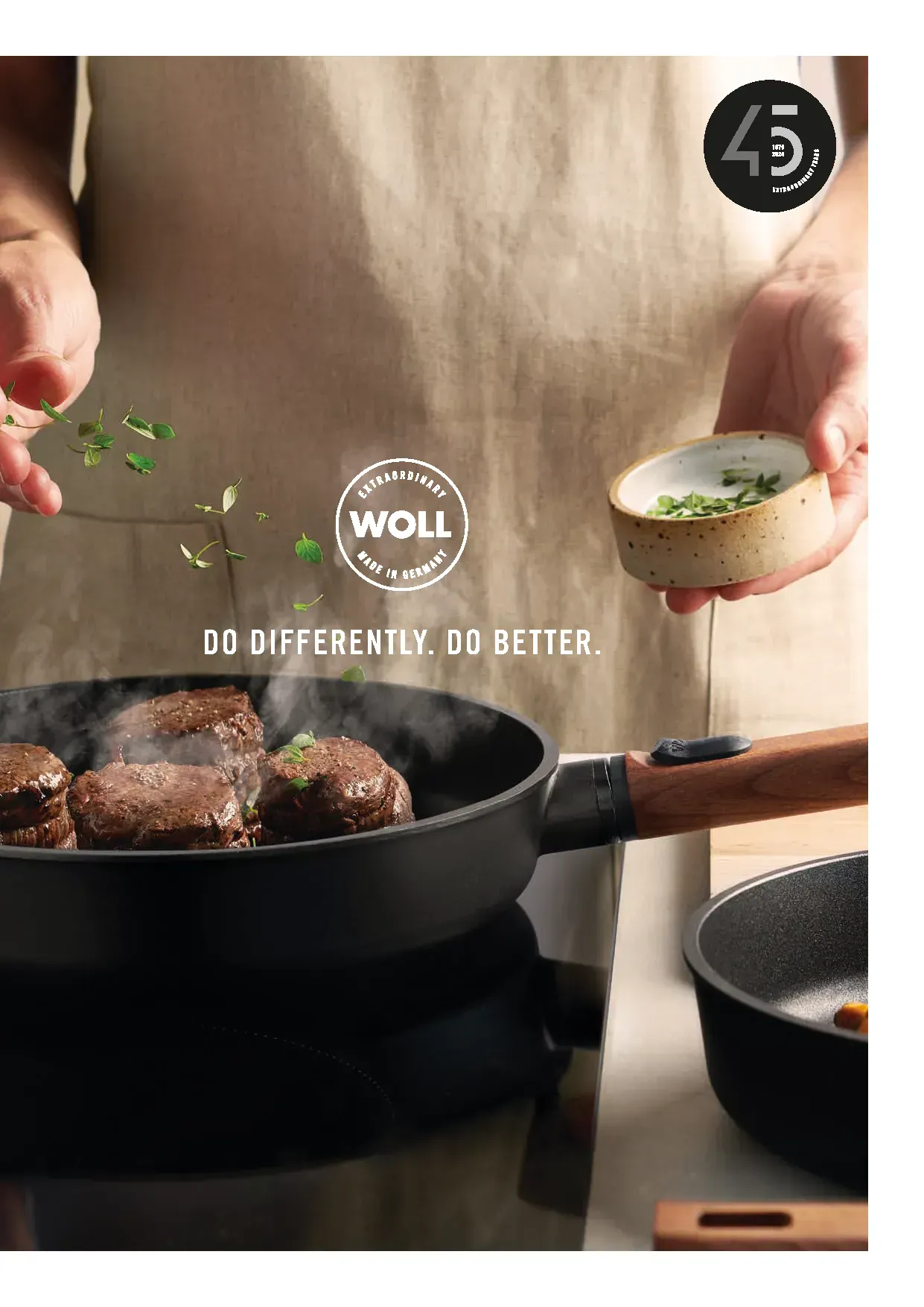 Auf dem Cover des Woll-Katalogs ist das Logo mit dem Schriftzug „Do Differently. Do Better.“ abgebildet, in der rechten Eckeist  zudem das Logo zum 45-jährigen Jubiläum zu sehen. Im Hintegrund ist  eine Pfanne der Serie Eco Logic QXR mit abnehmbarem Holzs