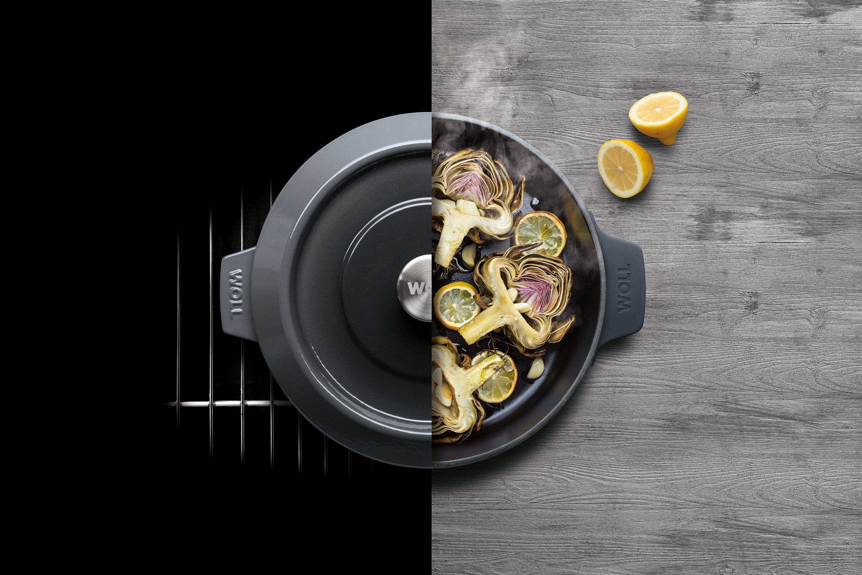 Die runde, graue Iron Kasserolle wird mit Deckel im Ofen verwendet und anschließend direkt mit dem angebratenen Artischocken auf den Tisch gestellt.