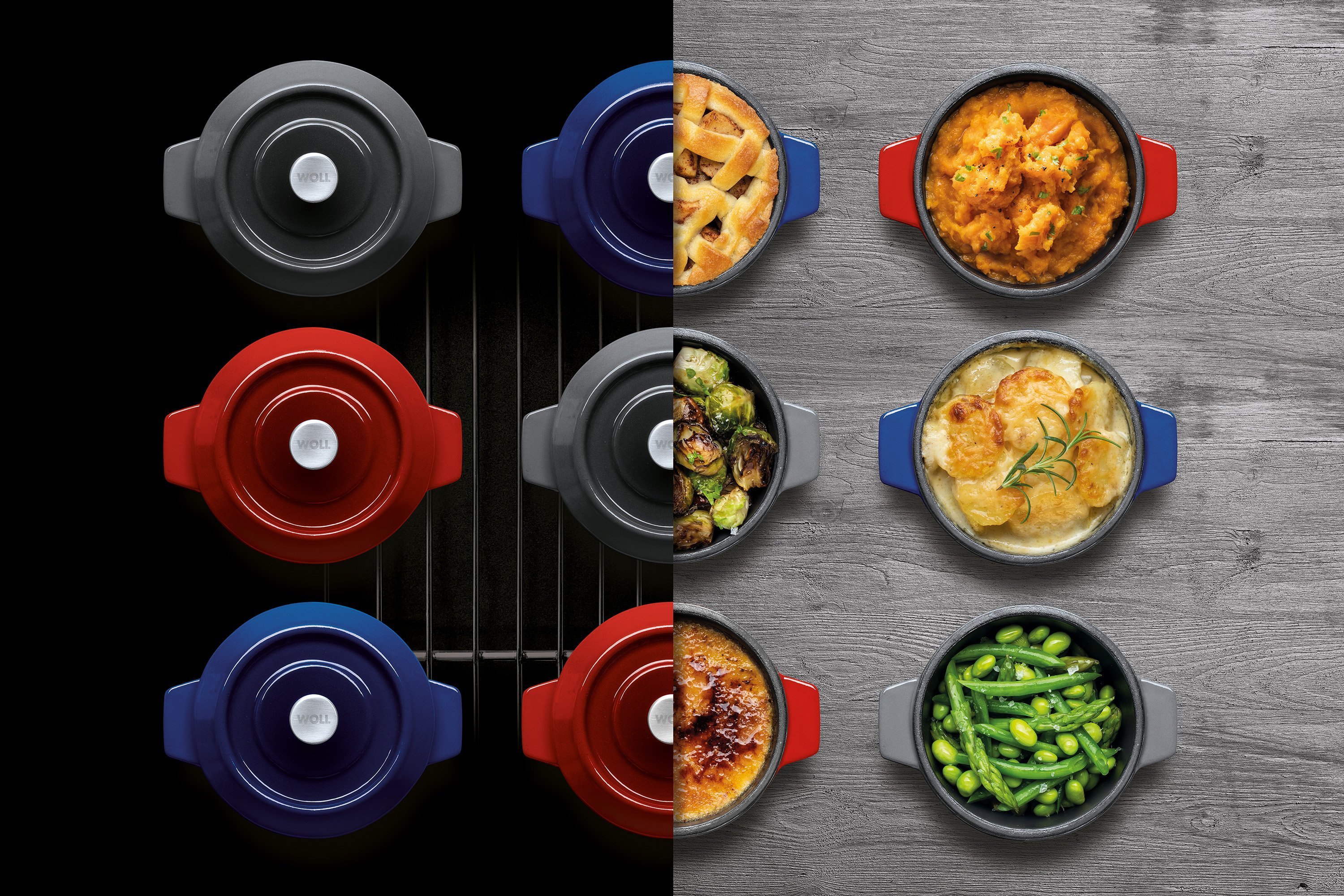 Die runden, blauen, grauen und roten Iron Mini Kasserollen werden mit Deckel im Ofen verwendet und anschließend direkt mit Gerichten auf den Tisch gestellt.